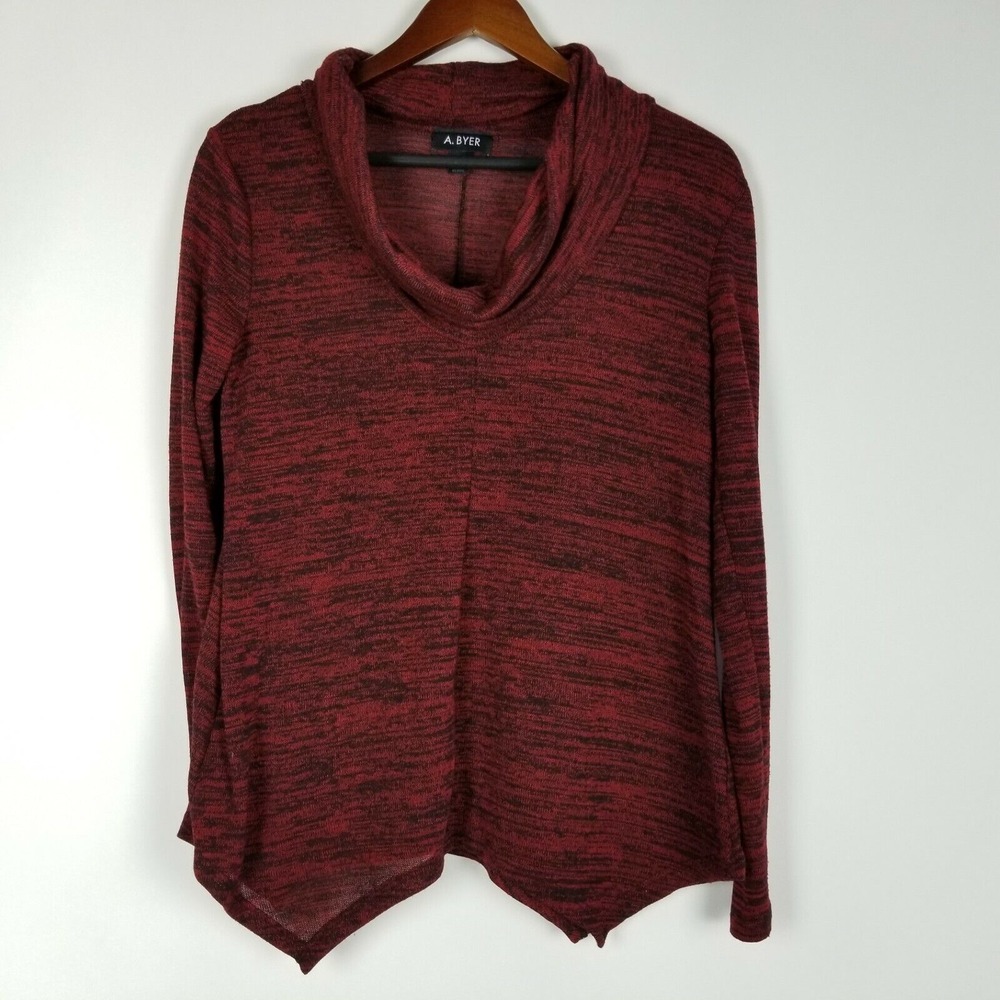 A Byer‎ Womens Sweater Size M Red And Black Lightweight Cowl Neck Holiday Work